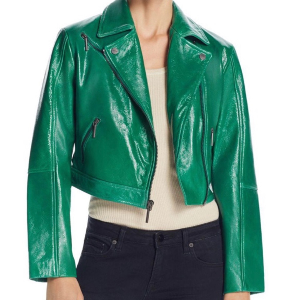 Kenneth Cole Women's Green Patent-Leather Cropped Moto Jacket